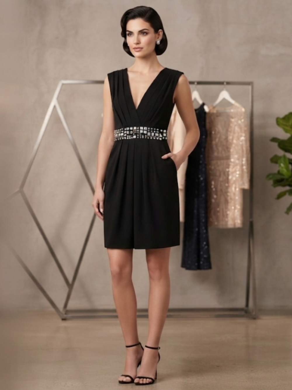 Eva by Eva Franco Black Studded Rhinestone Waist Pleated Midi Dress, 6